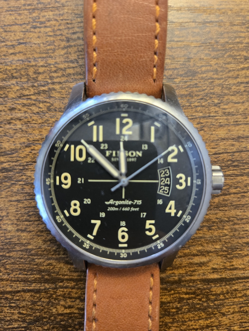 Filson Argonite-715 40mm Quartz Black Dial Brown Leather Strap 200m Sapphire